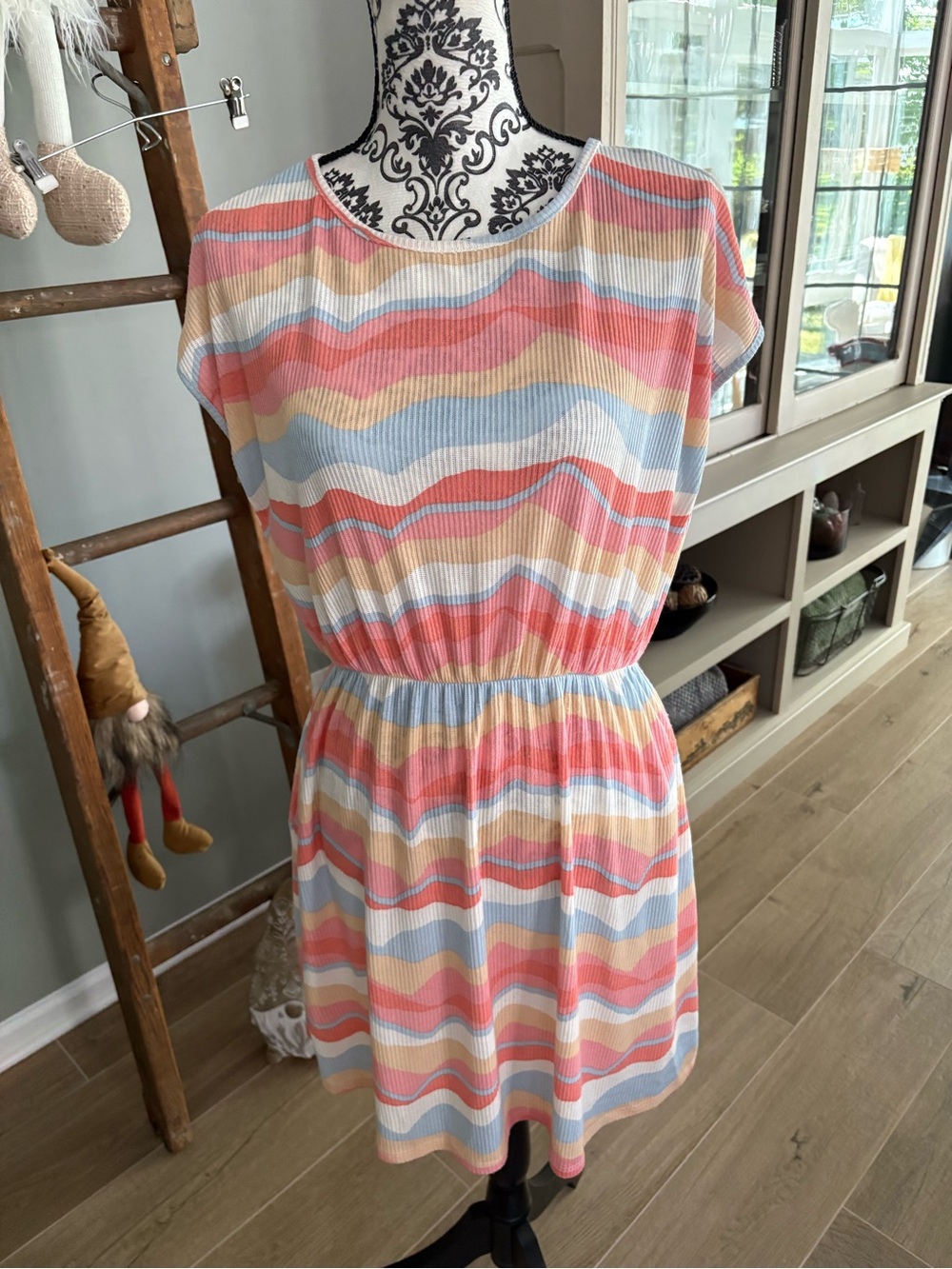 Striped Pastel Short Sleeve Elastic Waist Dress